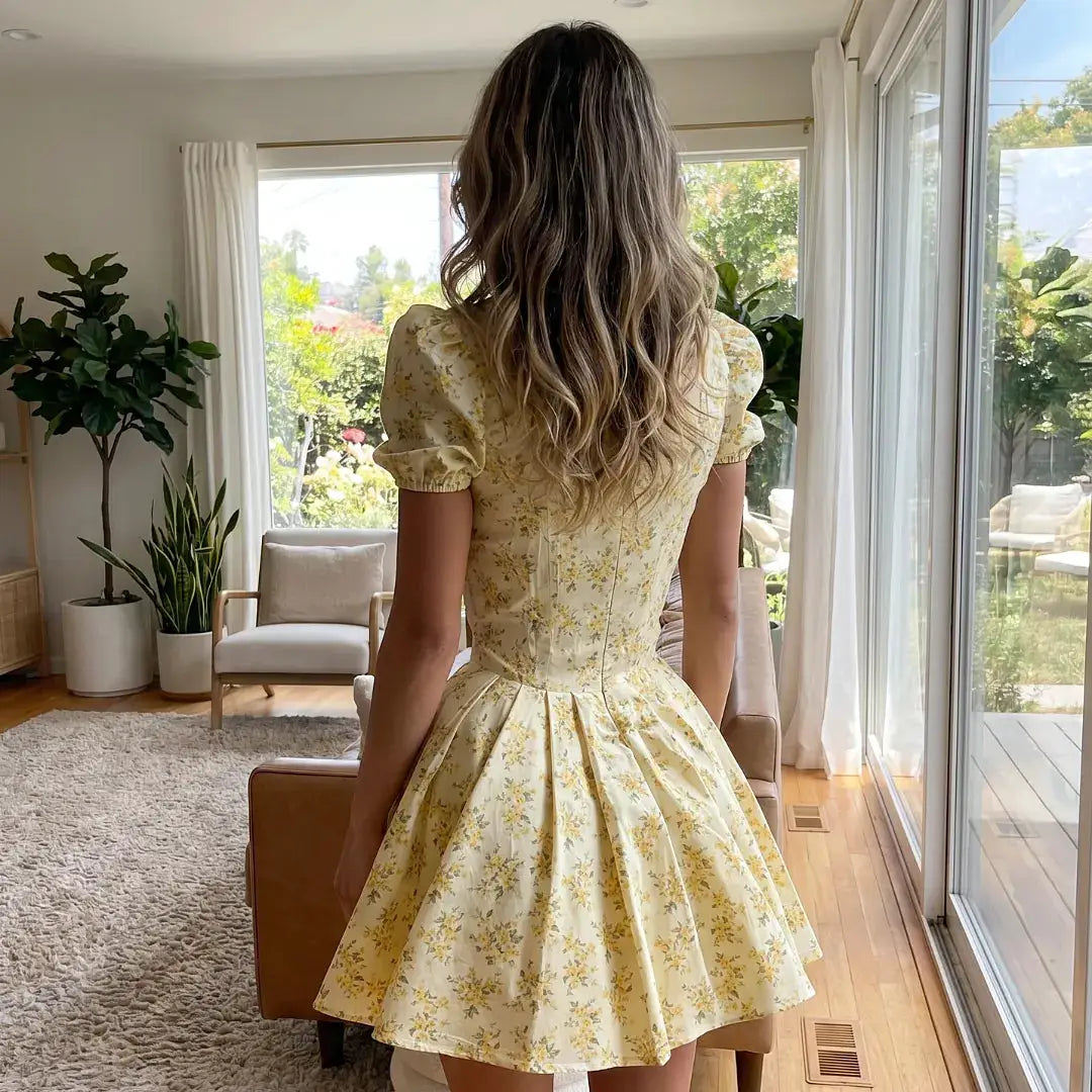 Robe mini plissée à imprimé floral jaune sur fond crème, manches bouffantes et col en V