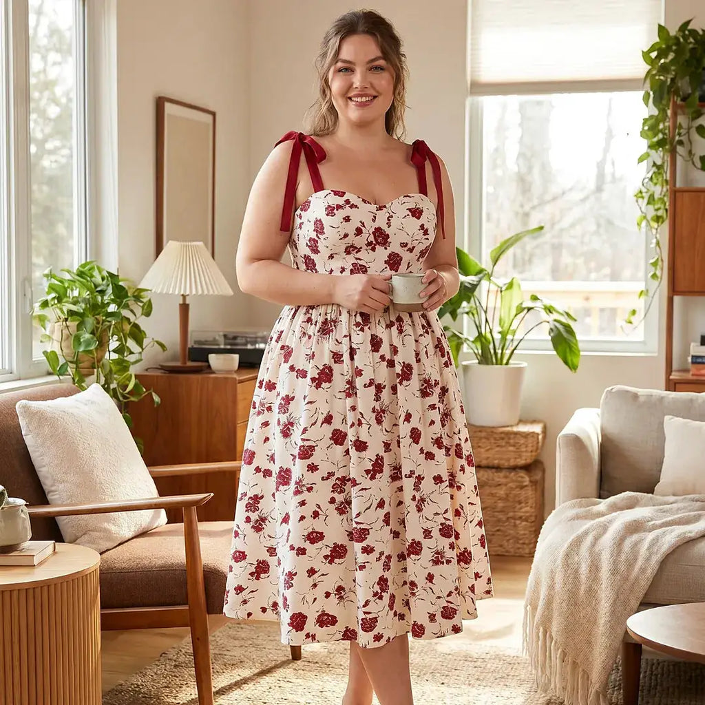 Robe mi-mollet à bretelles rouges et imprimé floral sur fond crème, LSDLBoutique