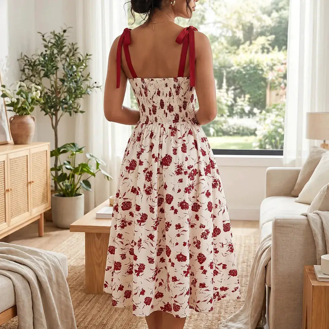 Robe mi-mollet à bretelles fines, imprimé floral rouge sur fond blanc, bretelles nouées