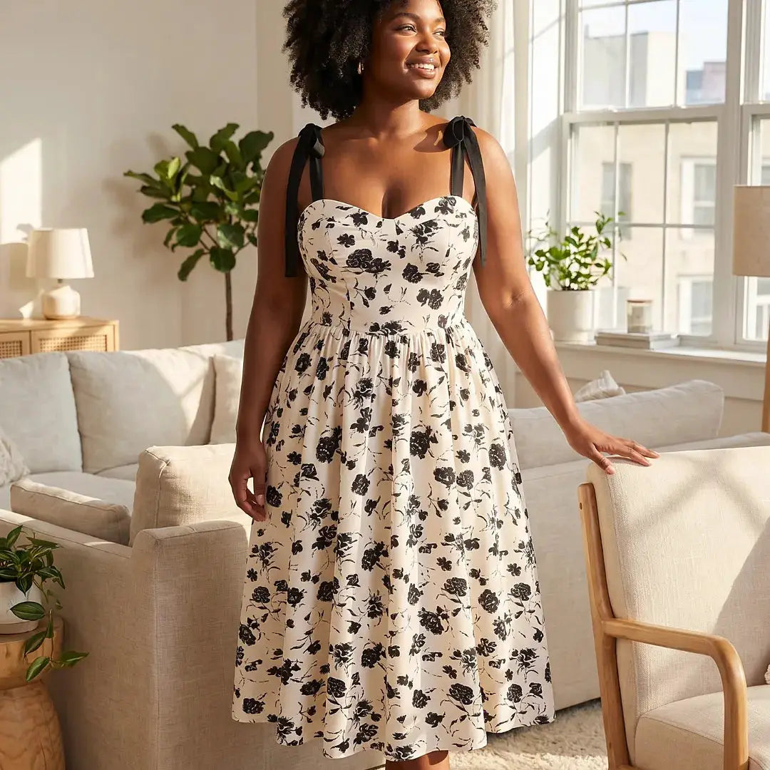 Robe mi-mollet à bretelles fines, imprimé floral noir sur fond crème, bretelles noires à nouer