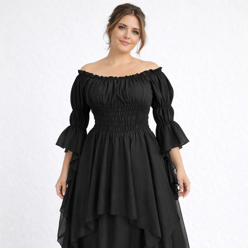 Robe longue style médiéval manches longues encolure élastique - LSDLBoutique