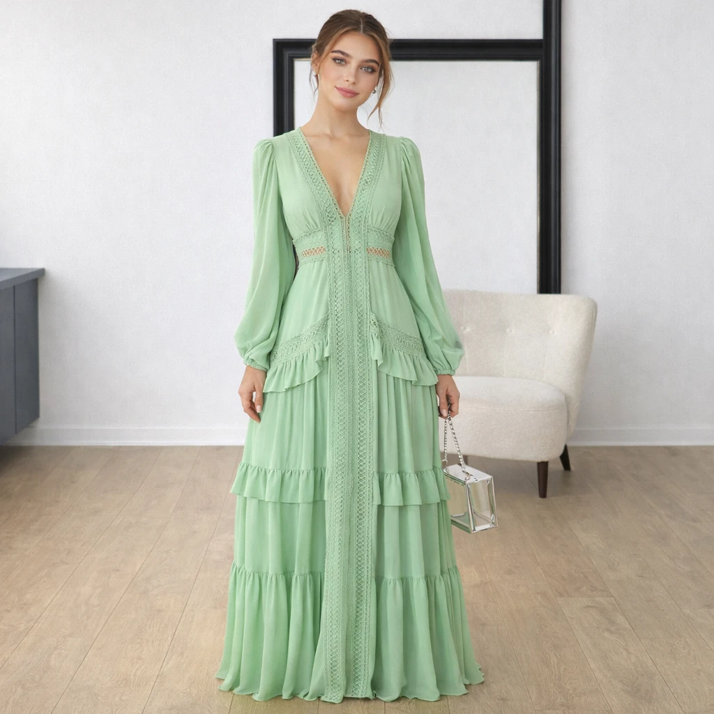 Robe longue ajourée col V taille empire manches lanternes - LSDLBoutique