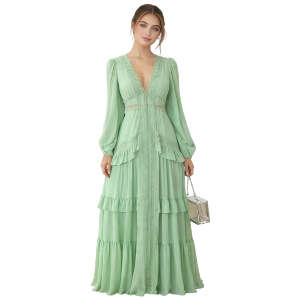 Robe longue ajourée col V taille empire manches lanternes - LSDLBoutique