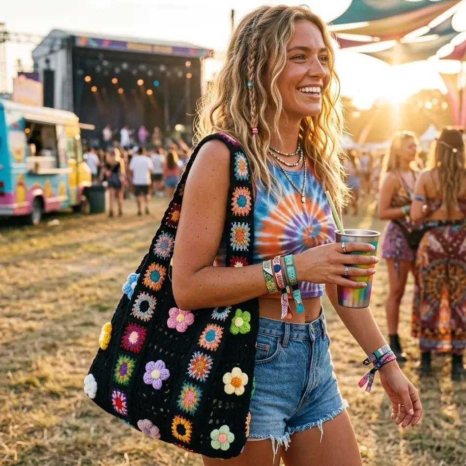 Sac à main crochet fleuri boho – sac fourre-tout noir en crochet avec fleurs colorées, porté en bandoulière.
