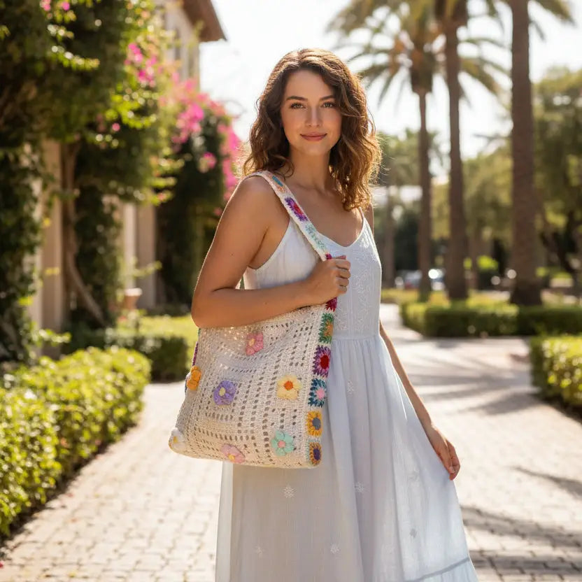 Sac à main crochet boho fleuri, naturel avec fleurs multicolores et bandoulière longue.