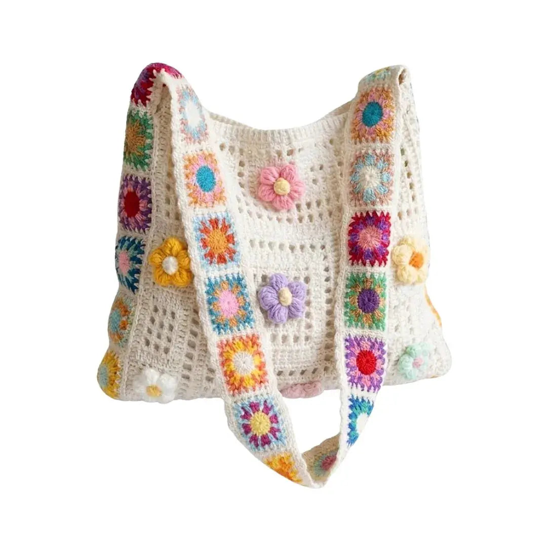 Sac à main crochet fleuri boho LSDLBoutique, sac crossbody crème avec granny squares colorés