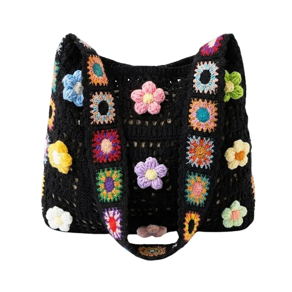 Sac à main crochet fleuri boho noir avec motifs granny square multicolores, LSDLBoutique