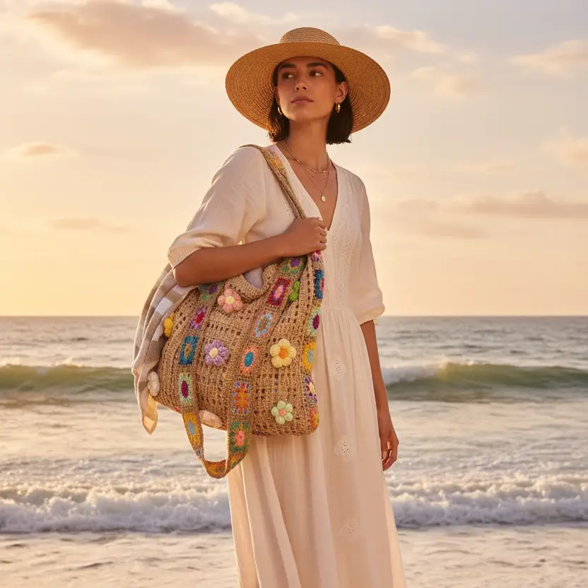 Sac à main crochet fleuri boho, cross body bag multicolore avec fleurs