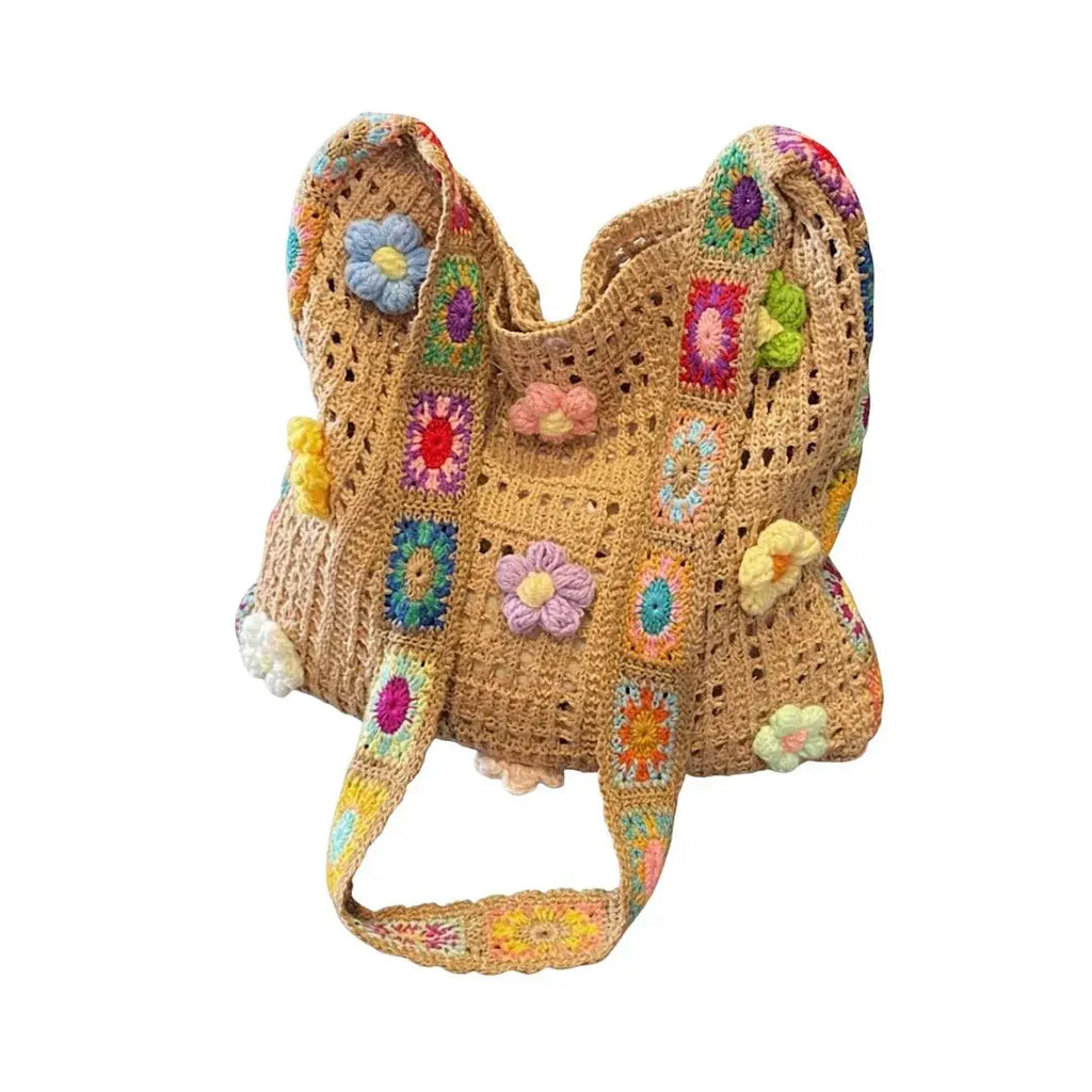 Sac à main crochet fleuri boho, beige avec fleurs multicolores, bandoulière crochée LSDLBoutique
