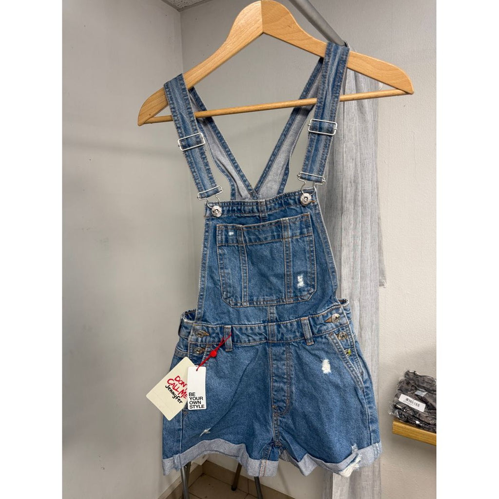 Short salopette en jean délavé – Ceinture et revers – vue 5