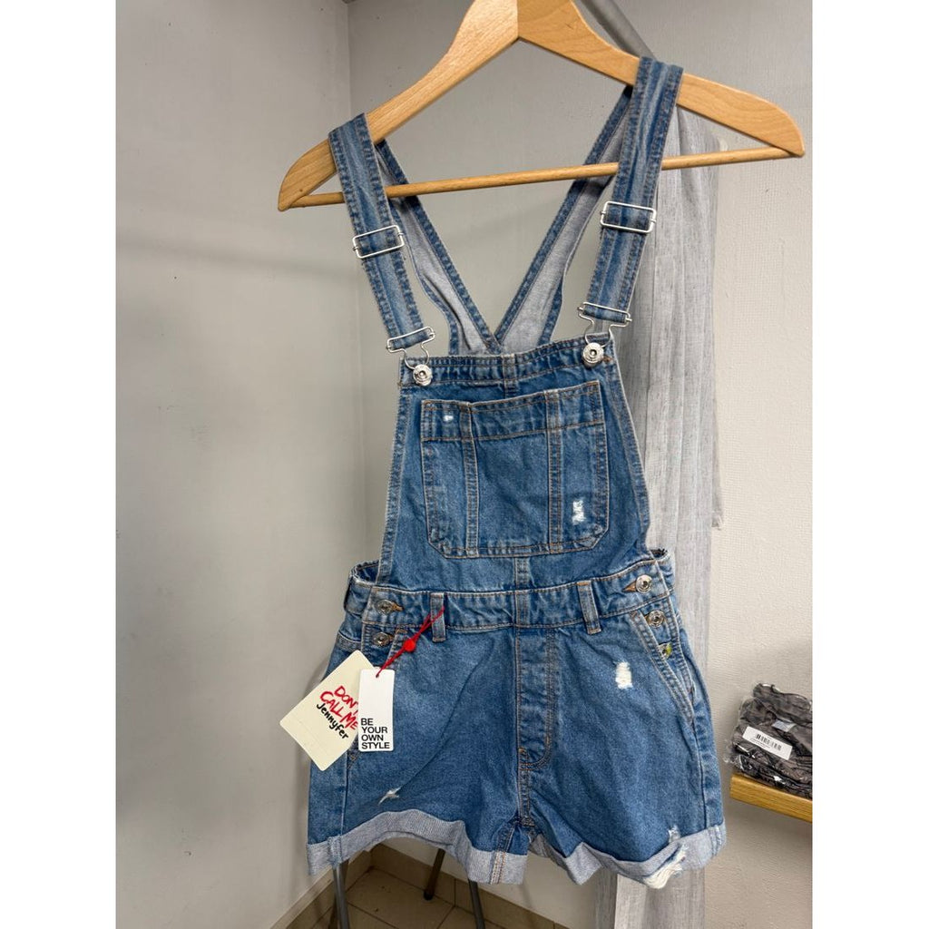 Short salopette en jean délavé – Ceinture et revers – vue 6