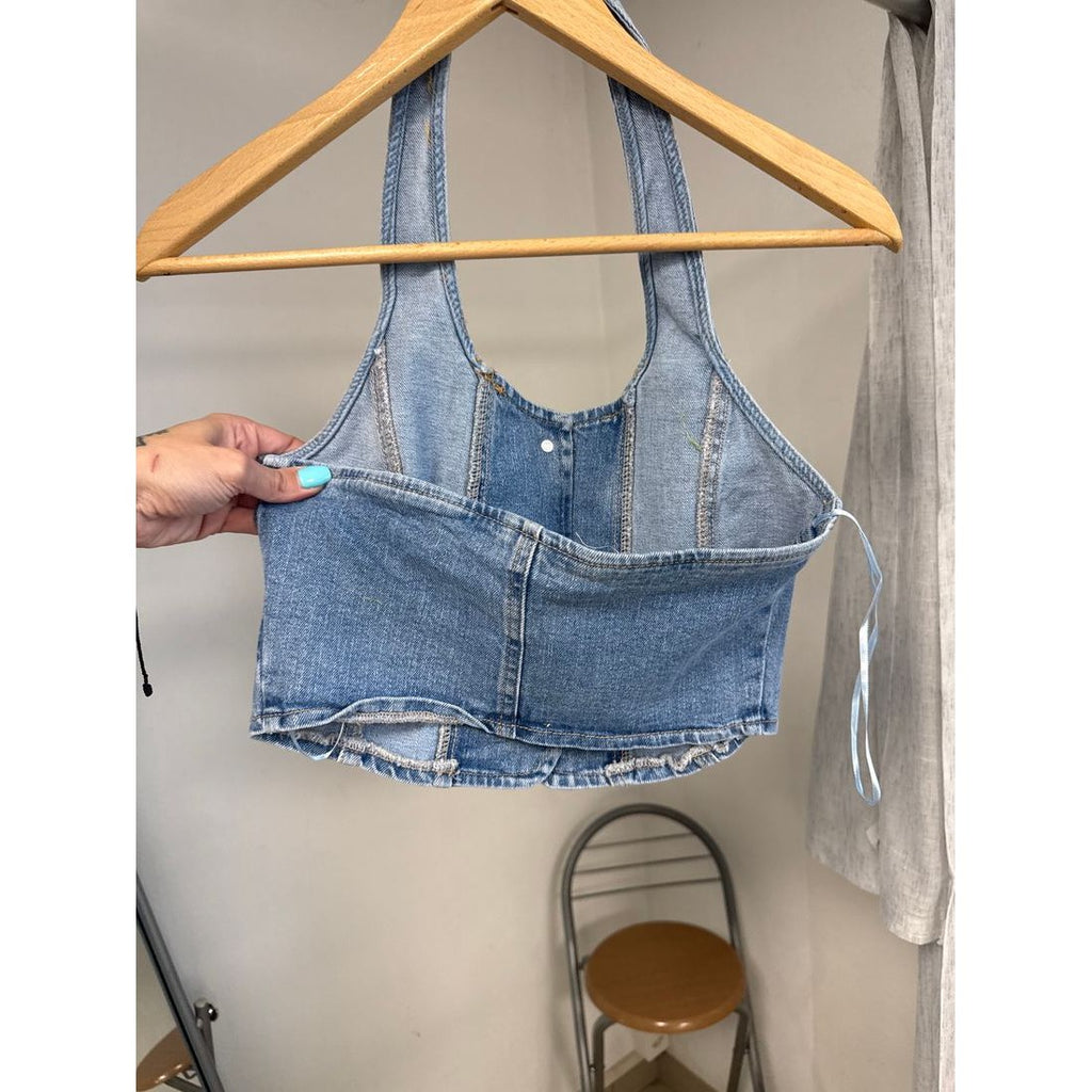 Top corset en jean – Boutons métal et laçage au dos – vue 3