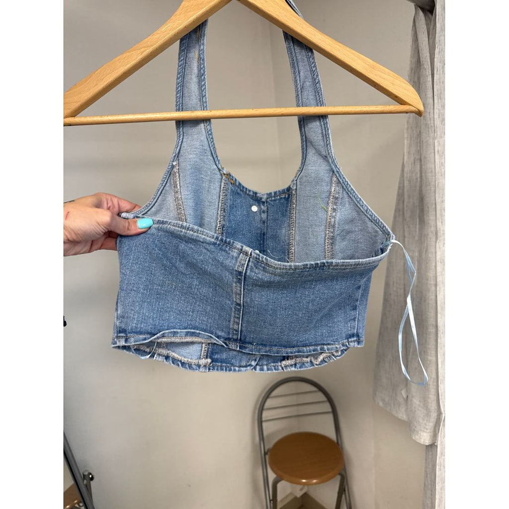 Top corset en jean – Boutons métal et laçage au dos – vue 4