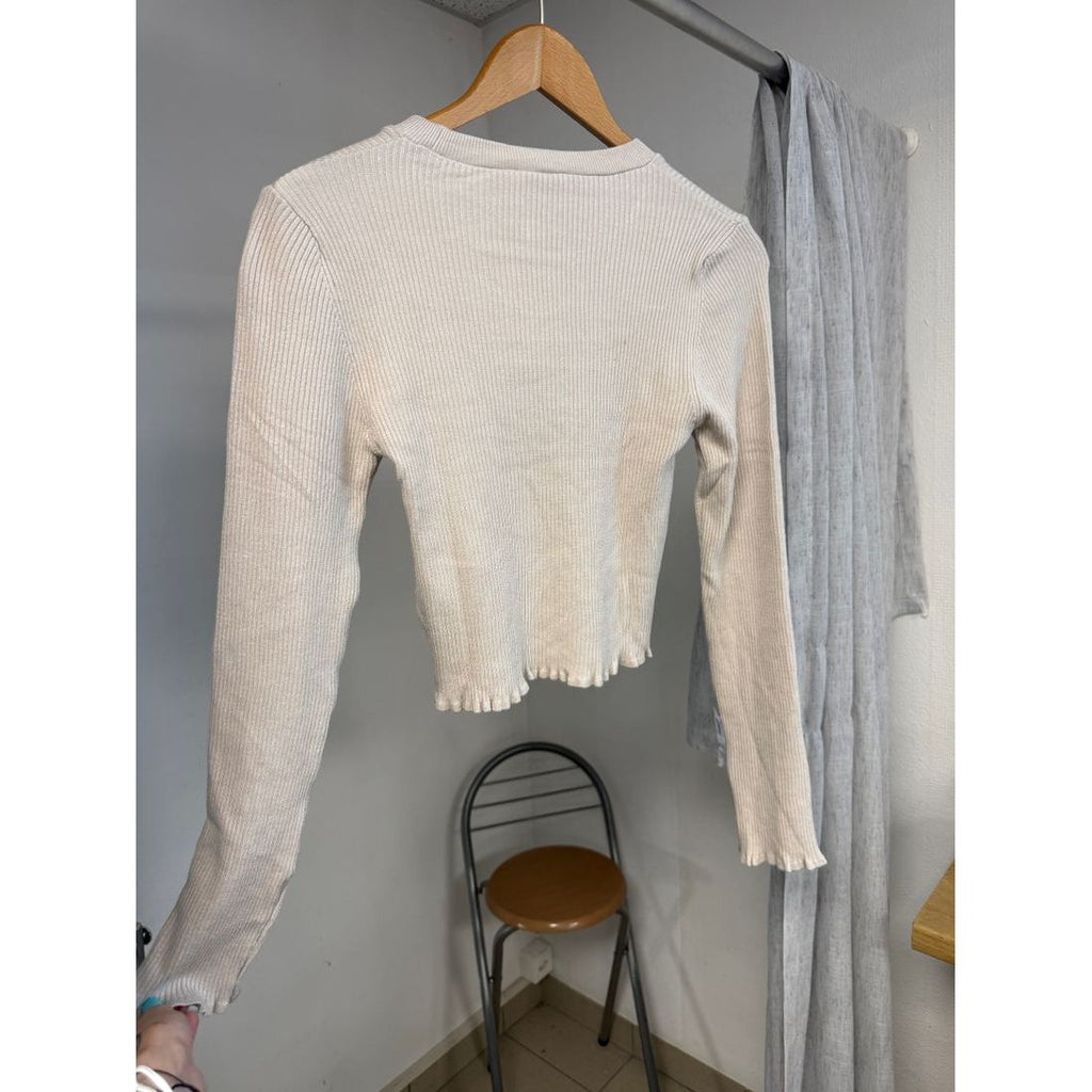 Top côtelé beige – Volants aux poignets, manches longues – vue 5