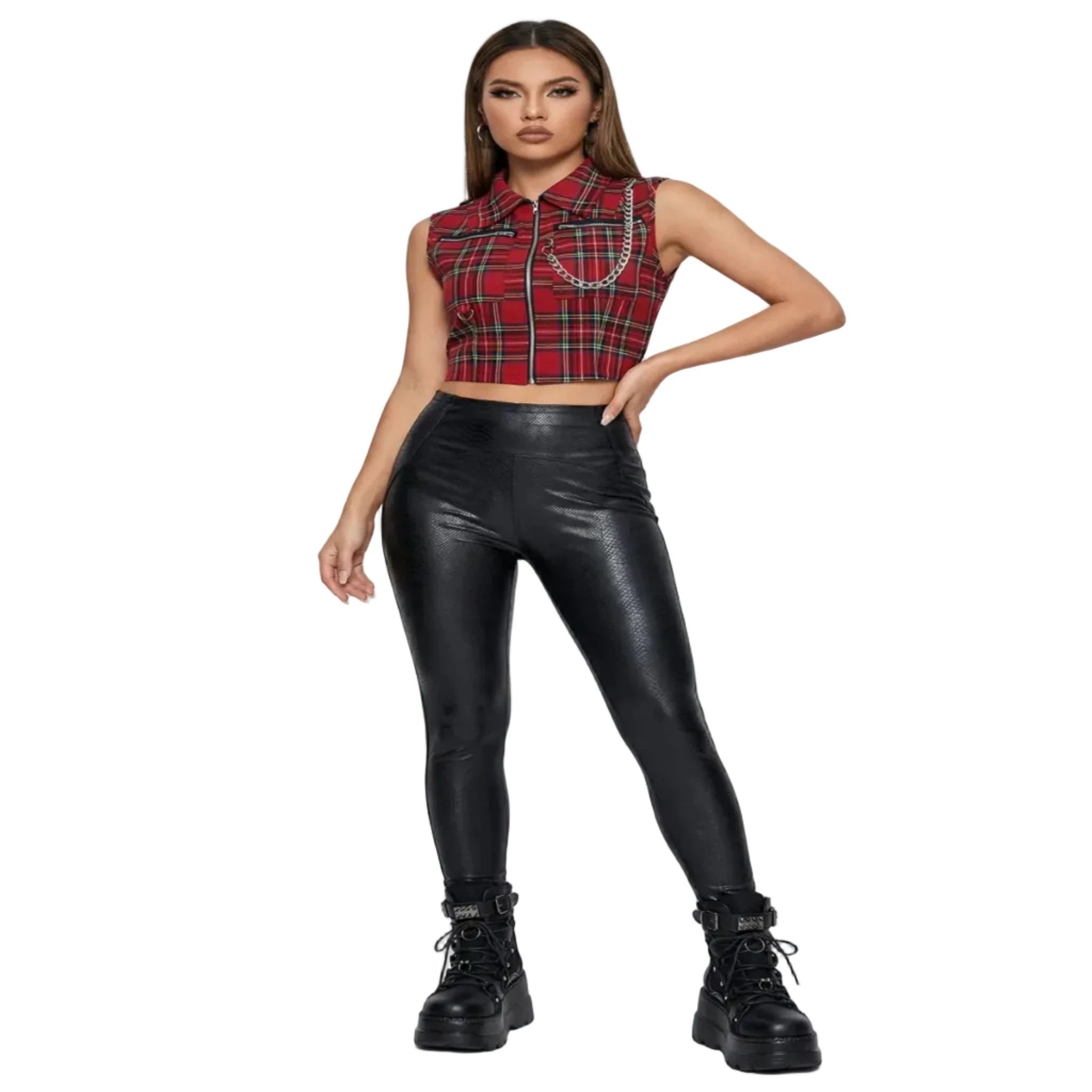 T-shirt court sans manches à carreaux femme – Zip frontal - LSDLBoutique