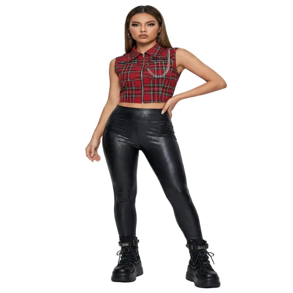 T-shirt court sans manches à carreaux femme – Zip frontal - LSDLBoutique