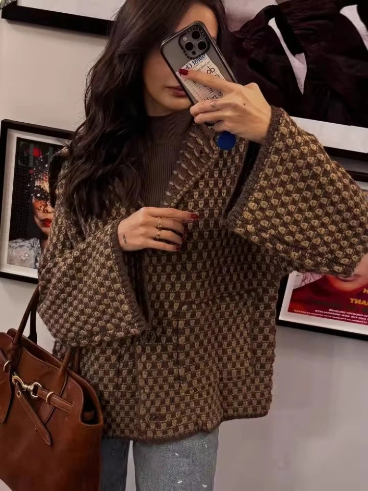 Veste en maille à carreaux col tailleur – Marron, S à L | Les Secrets de Léa