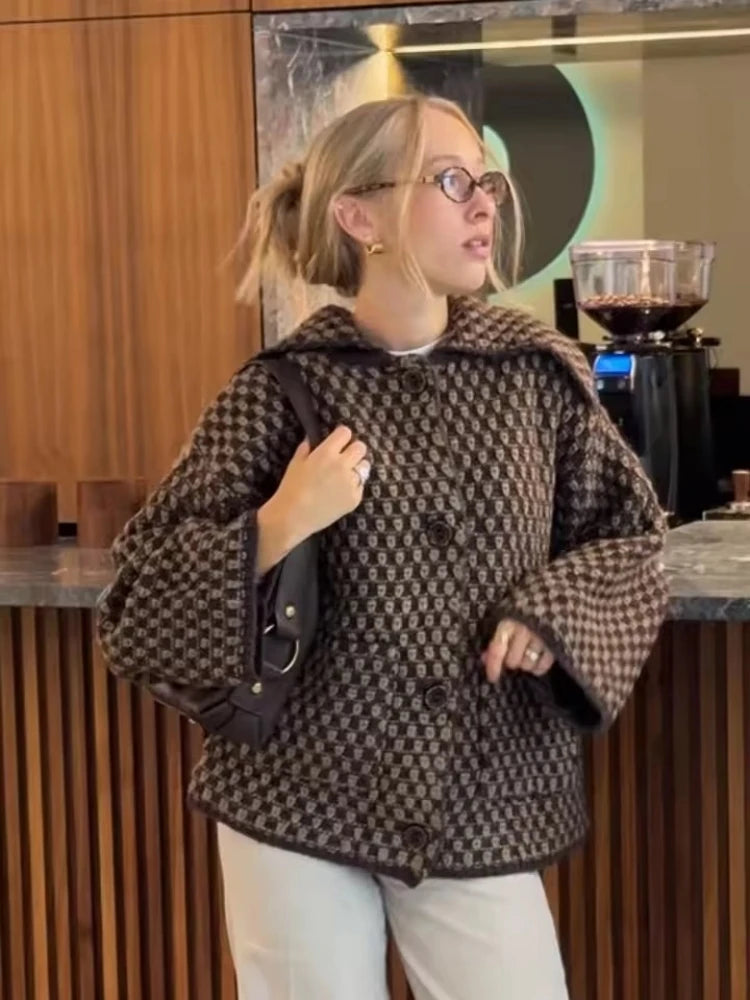 Veste en maille à carreaux col tailleur – Marron, S à L – vue 2 | Les Secrets de Léa