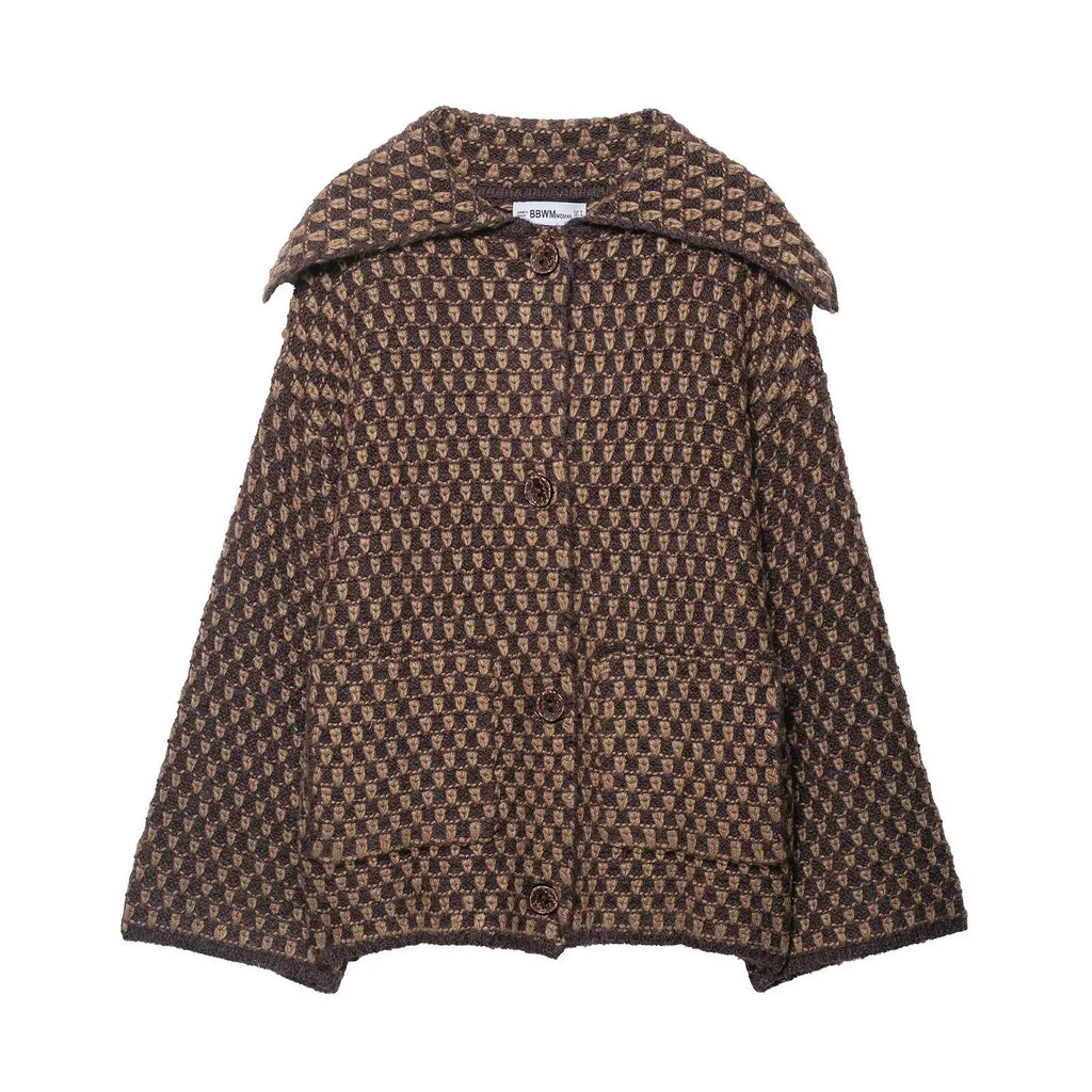 Veste en maille à carreaux col tailleur – Marron, S à L – vue 7 | Les Secrets de Léa