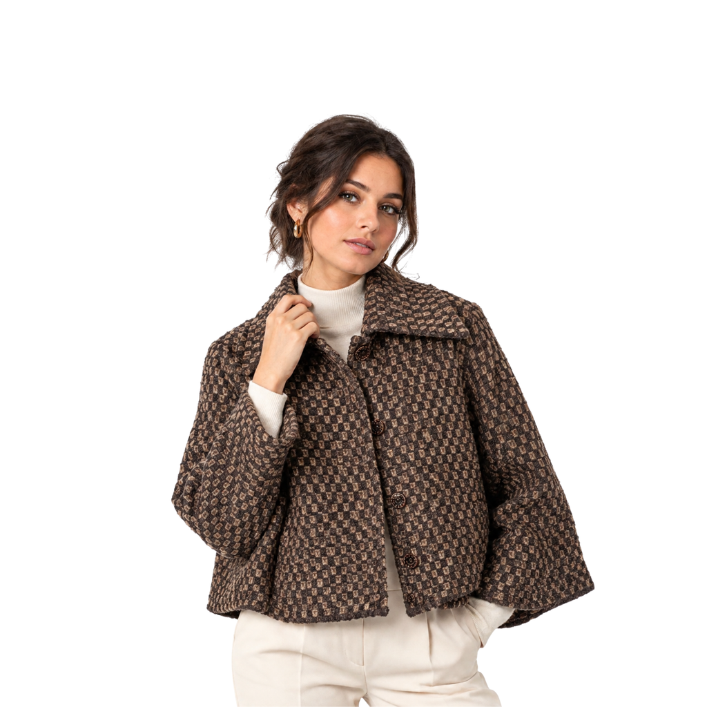 Strickjacke mit Karomuster und Blazerkragen – Braun, S bis L