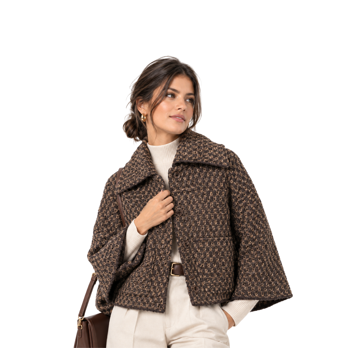 Strickjacke mit Karomuster und Blazerkragen – Braun, S bis L