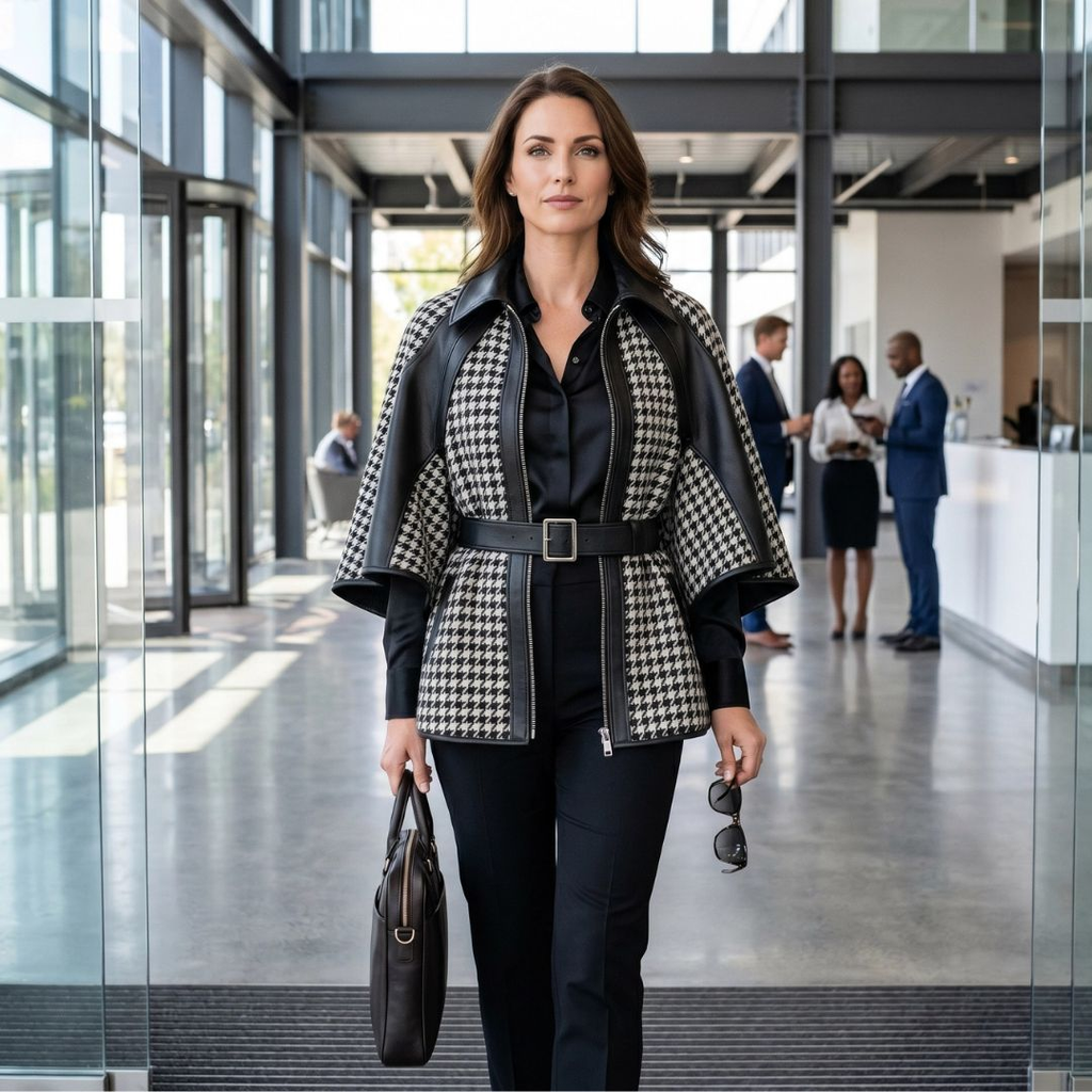 Veste pied-de-poule cape asymétrique - LSDLBoutique