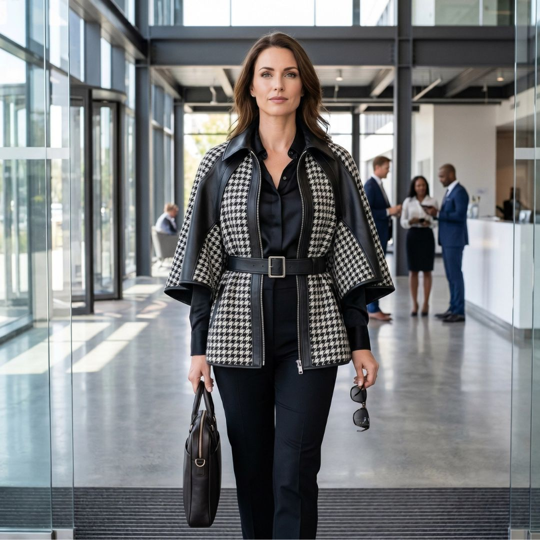 Veste pied-de-poule cape asymétrique - LSDLBoutique