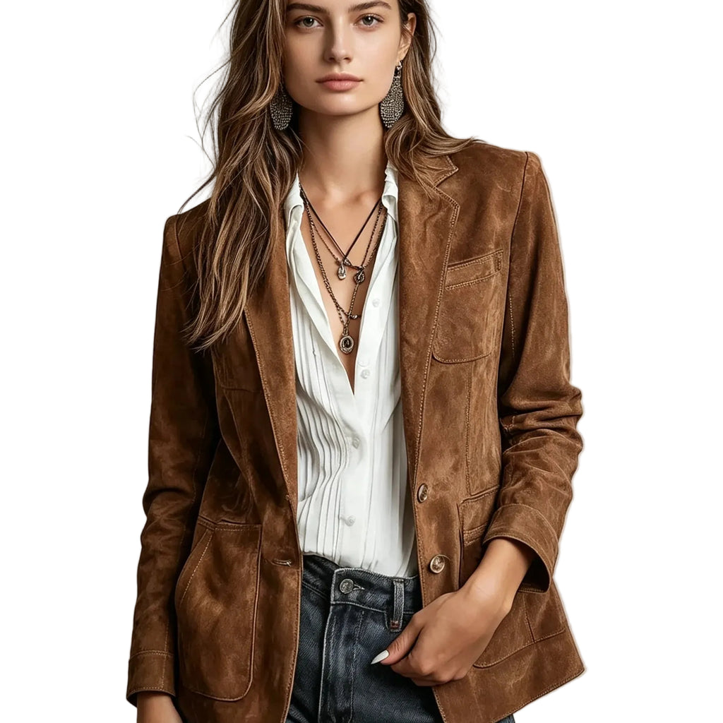 Veste en suédine col tailleur à poches – Marron ou kaki | Les Secrets de Léa