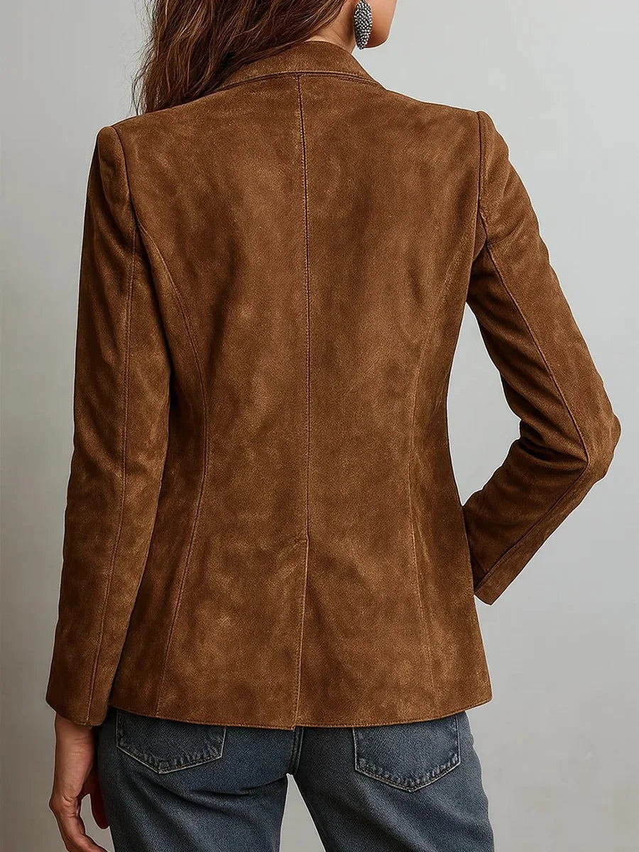 Veste en suédine col tailleur à poches – Marron ou kaki – vue 2 | Les Secrets de Léa