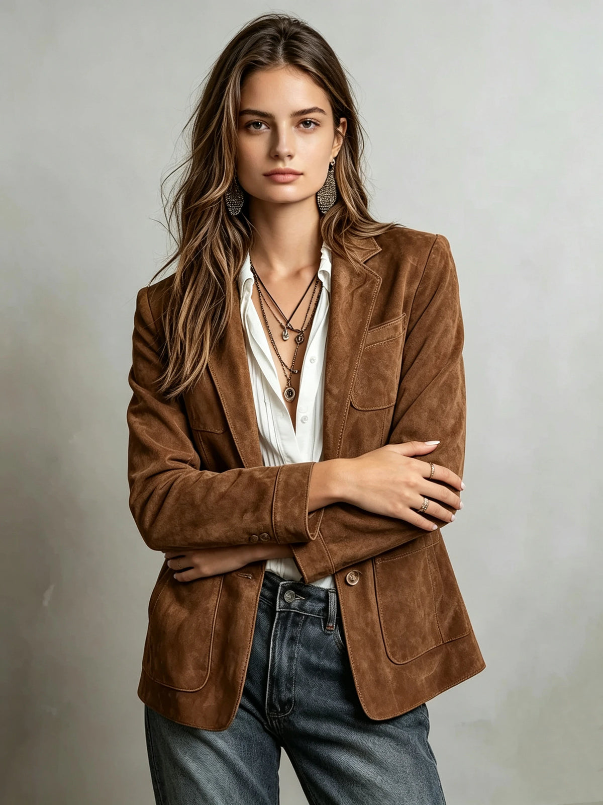 Veste en suédine col tailleur à poches – Marron ou kaki – vue 3 | Les Secrets de Léa