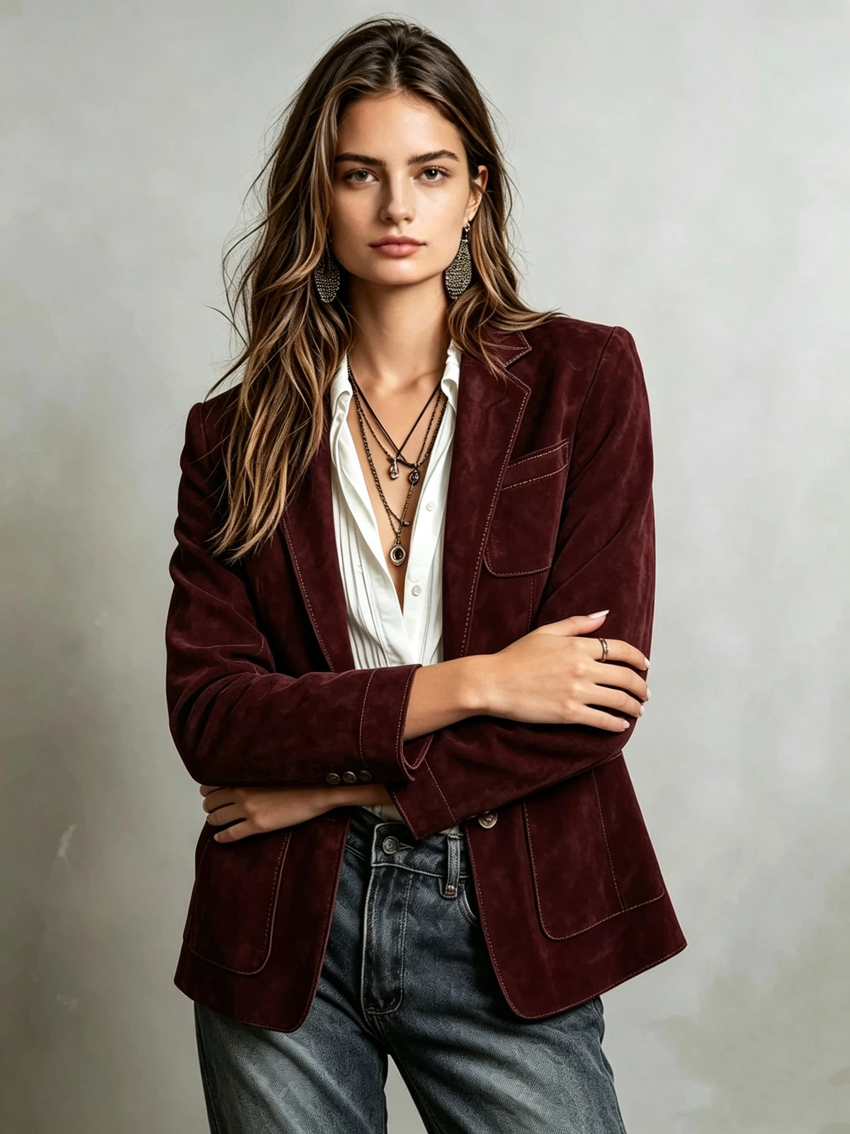 Veste en suédine col tailleur à poches – Marron ou kaki – vue 5 | Les Secrets de Léa