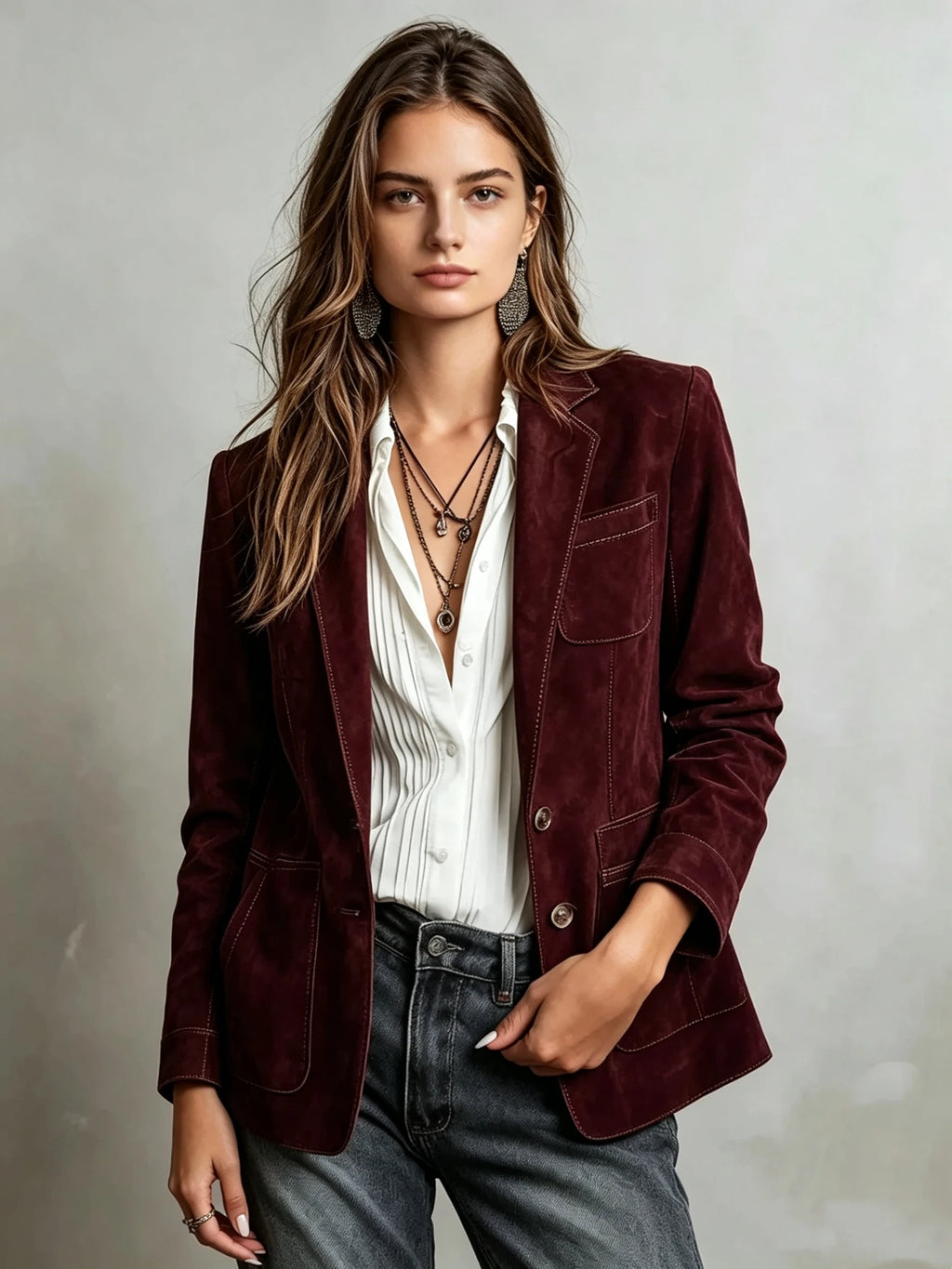 Veste en suédine col tailleur à poches – Marron ou kaki – vue 6 | Les Secrets de Léa